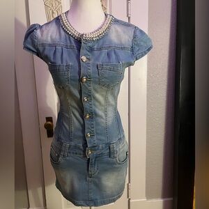 Tagliatore pearl jeweled mini denim dress